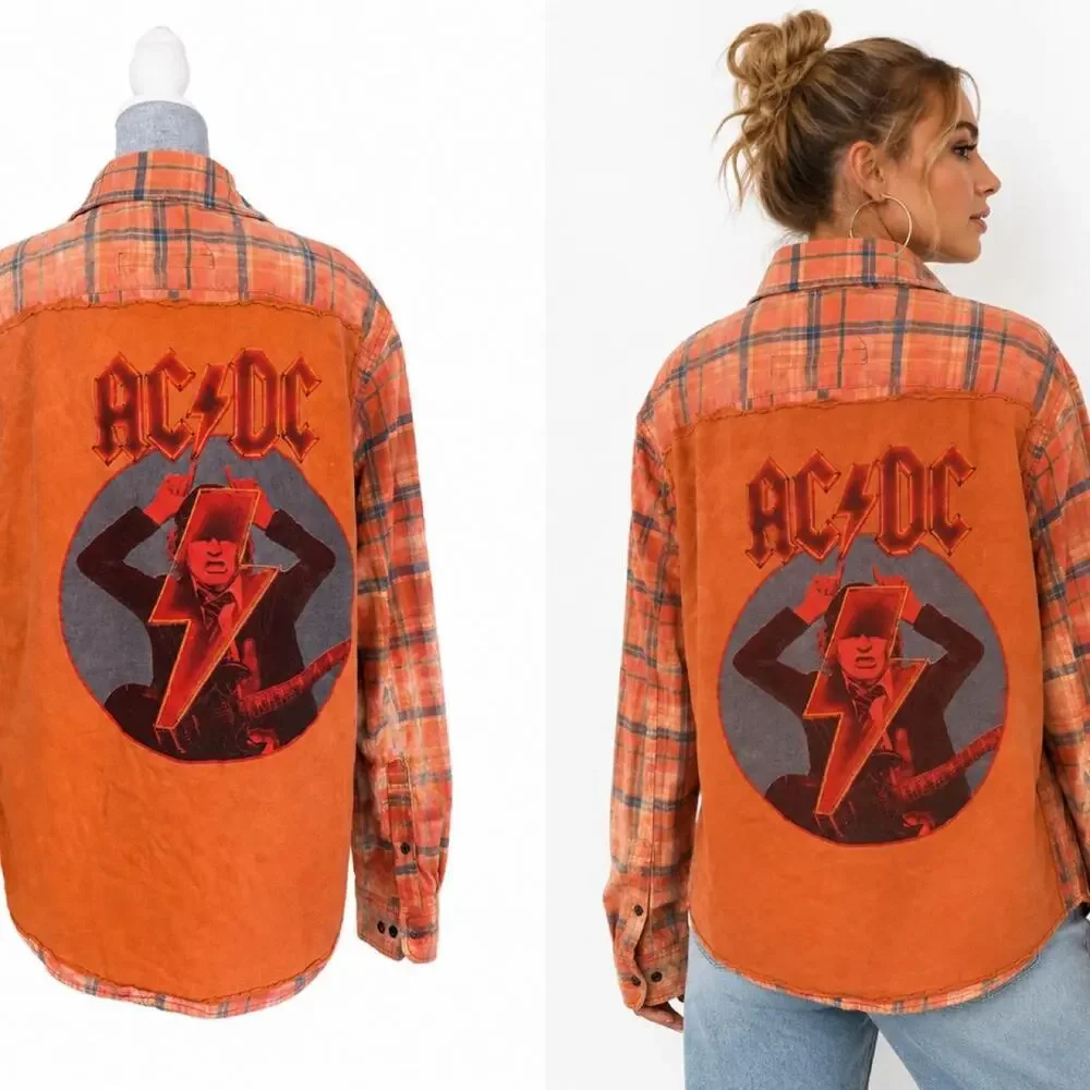AC/DC Upcycled Flannel Shirt Rock Band Graphic Distressed Grunge